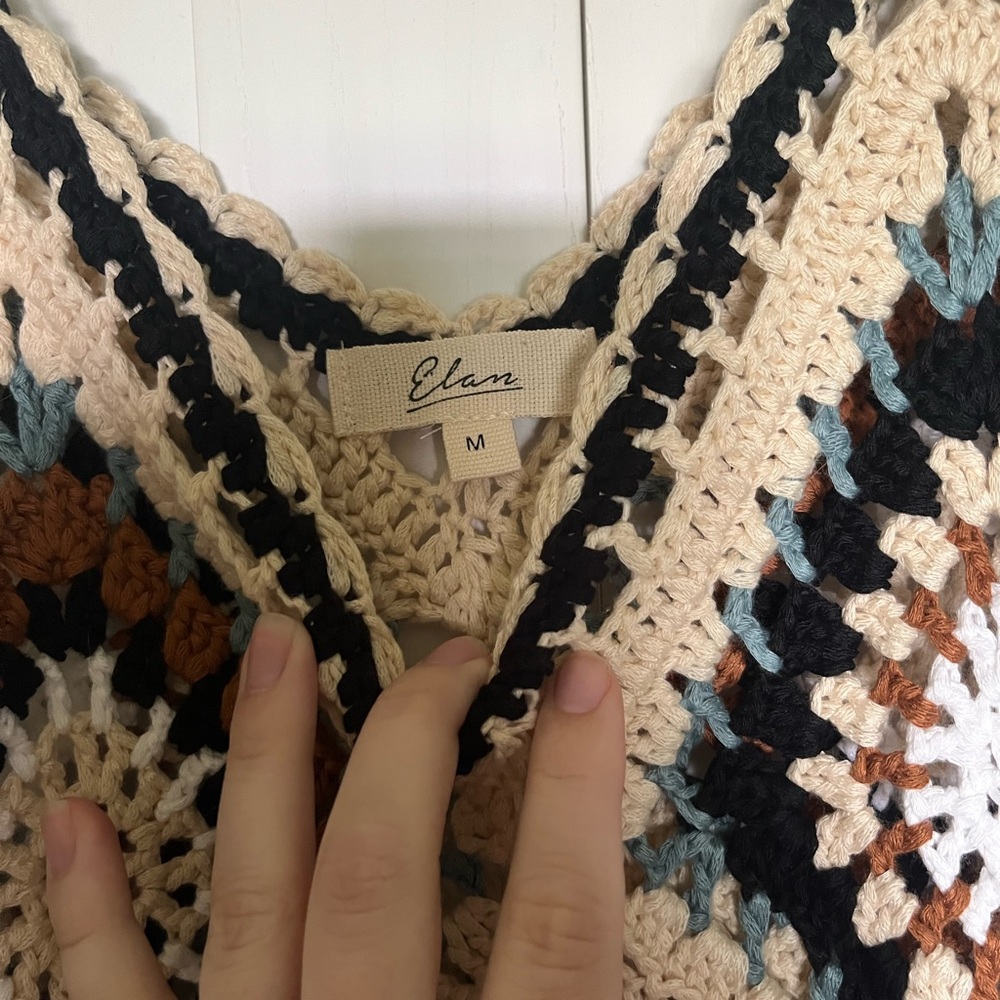 Elan Cream Crochet V-Neck Sweater with Black, Brown and Blue Accents